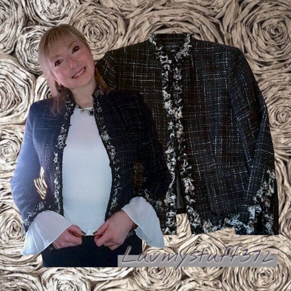 Pretty Vintage Nipon Boutique Jacket in Black/White Plaid with Silk Fringe Trim - Picture 8 of 12